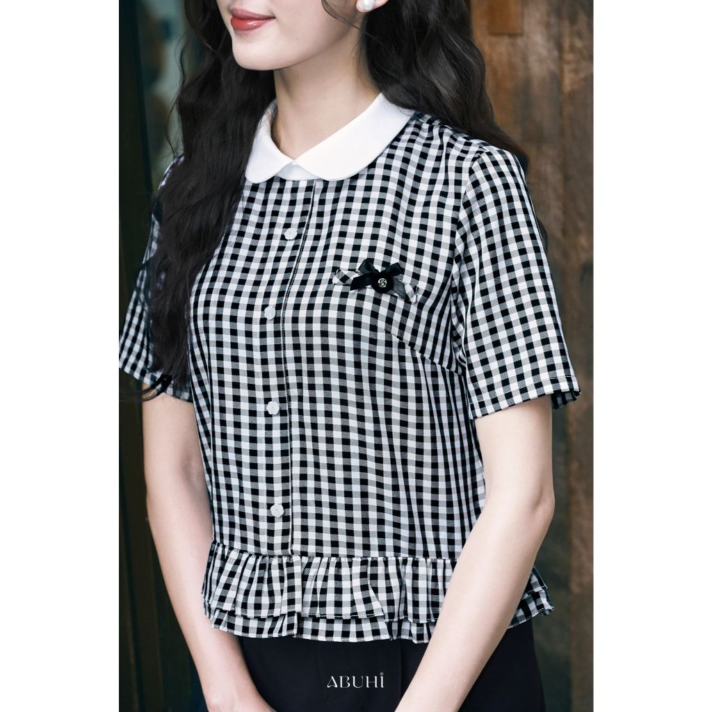 Áo Sơmi Nữ Oreo ABUHI Ngắn Tay Thiết Kế Cổ Mix Trắng Bèo Gấu Hoạ Tiết Caro Thanh Lịch | BigBuy360 - bigbuy360.vn