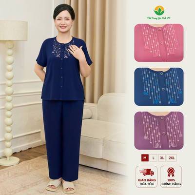 Đồ bộ lanh trung niên mặc nhà Việt Thắng, quần dài, áo cộc tay mở khuy thêu họa tiết - B28.6086