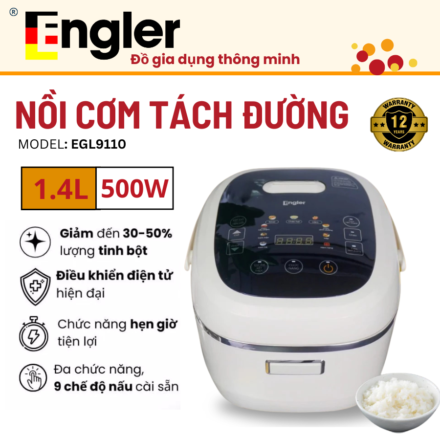 Nồi Cơm Tách Đường Engler EGL9110 Công Suất 500W Dung Tích 1.4L Gồm 9 Chức Năng Nấu Bảo Hành 1 Năm