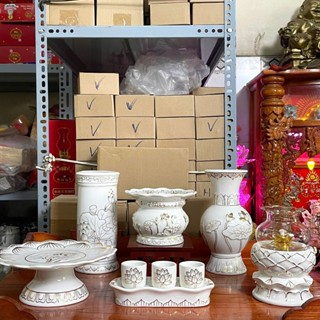 Bộ Thờ Cúng Men Sứ Bạch Ngọc Trắng: Lư, Bình, Chung, Dĩa  và Án - Đồ Thờ Vạn Phúc Cao Cấp