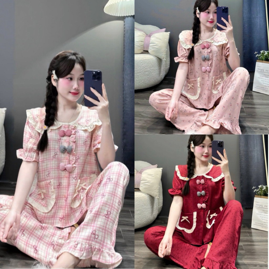 Set Bộ Ngủ Pijama Đũi, Set Bộ Đũi 3 Nơ Cộc Dài