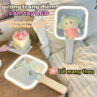 Gương cầm tay LED có đèn, gương trang điểm di động cao cấp, gương có tay cầm, gương nhỏ dùng trong gia đình.