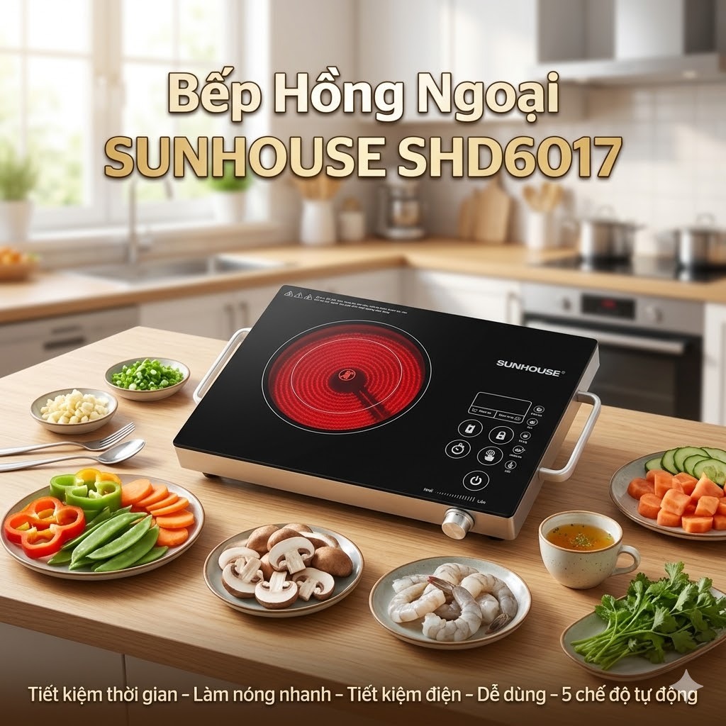 Bếp Điện Hồng Ngoại SUNHOUSE SHD6017 Nấu Nhanh Tiết Kiệm Điện – Thiết Kế Gọn Nhẹ, Mặt Kính Bền Đẹp, Dễ Sử Dụng,