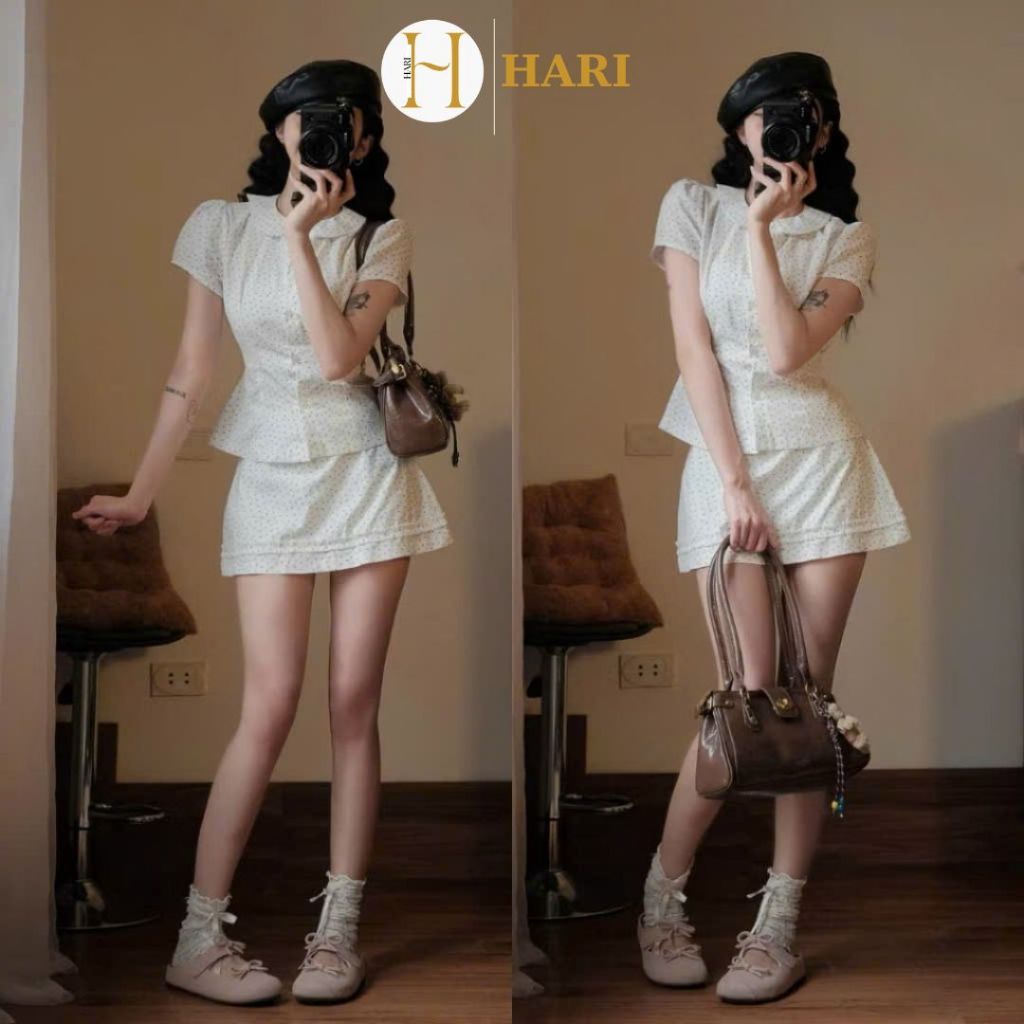 Set áo sơ mi Hari cổ sen họa tiết Tay Phồng Cài Cúc Chéo Kèm Chân Váy Kẻ Caro | BigBuy360 - bigbuy360.vn