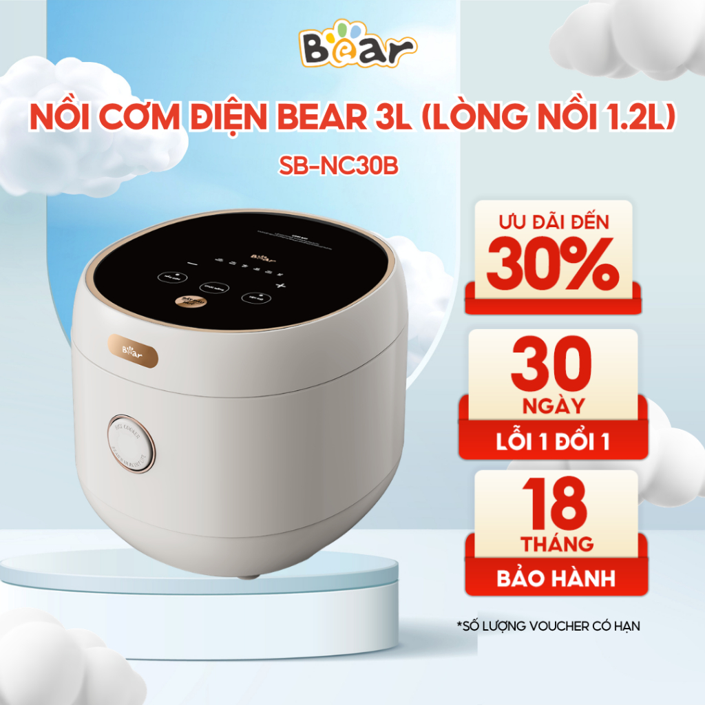 Nồi cơm điện Bear SB-NC30B 3L, 6 Chức Năng Nấu, Lòng Nồi 5 Lớp, Hẹn Giờ 12h, Bảo Hành 18 Tháng