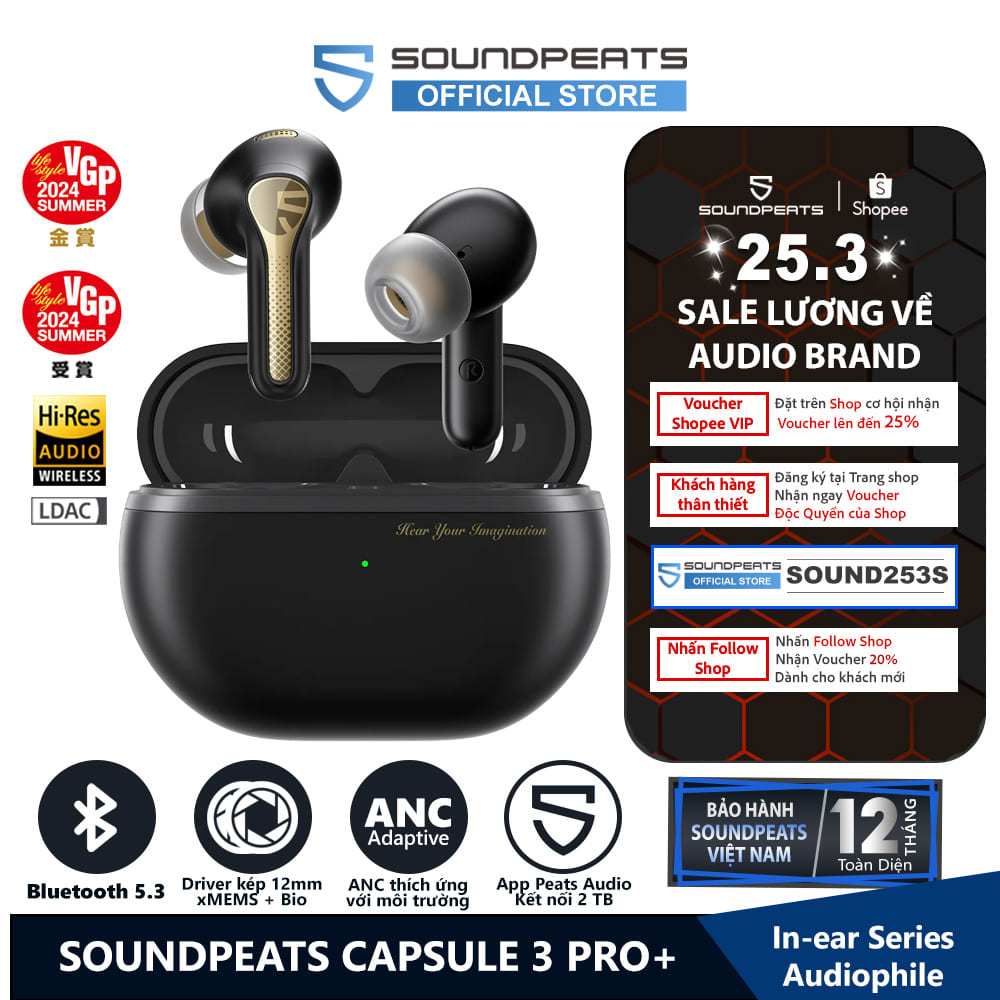 Tai nghe True Wireless SoundPEATS Capsule 3 Pro+ Loa kép xMEMS LDAC Bluetooth 5.3
