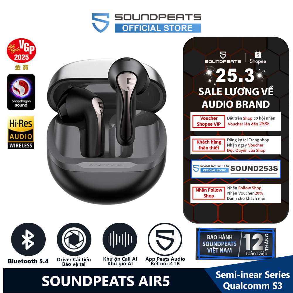 Tai Nghe True Wireless SoundPEATS Air5 Aptx Adaptive Lossless Bluetooth 5.4