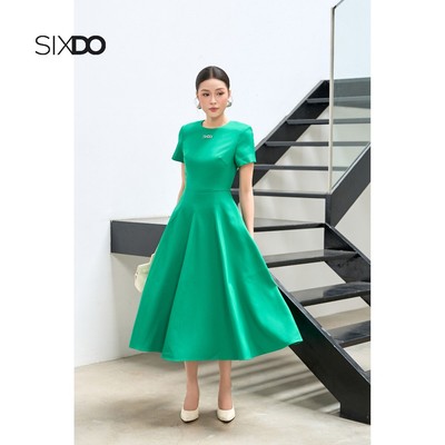 Đầm midi ngắn tay cổ tròn dáng xòe SIXDO (Green Woven Flared Dress)