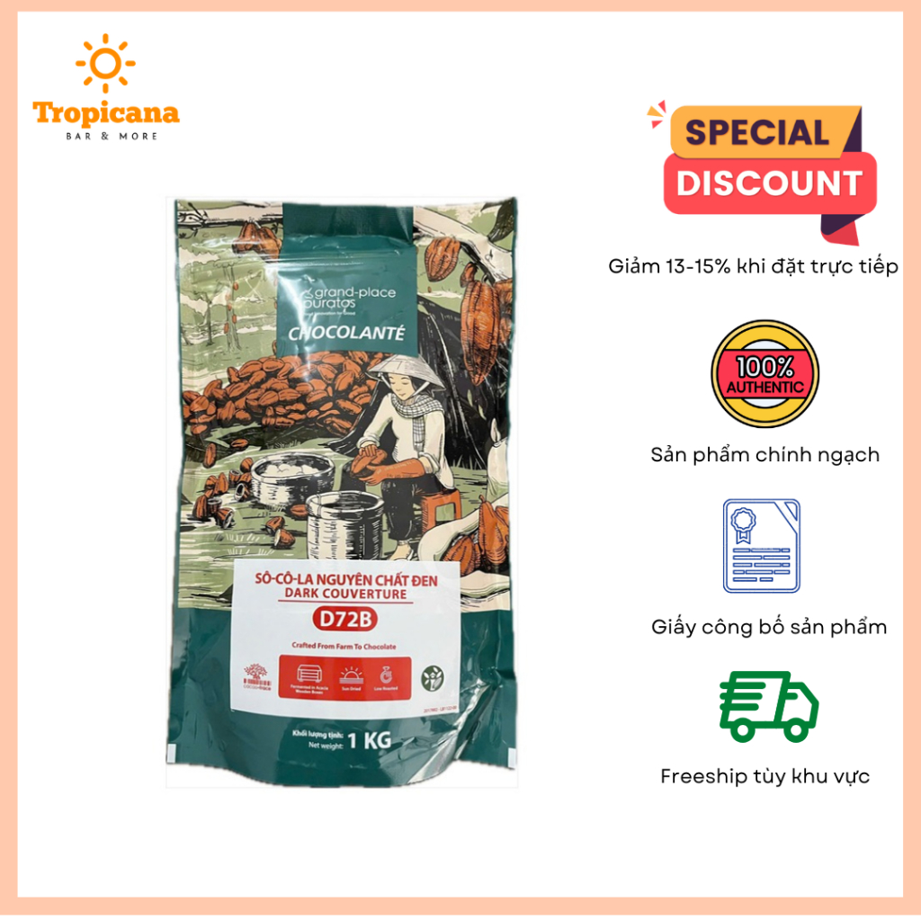 Socola hạt nút đen 72% Puratos - Gói 1kg [KHÁCH ĐẶT HỎA TỐC TRÁNH CHẢY SOCOLA]