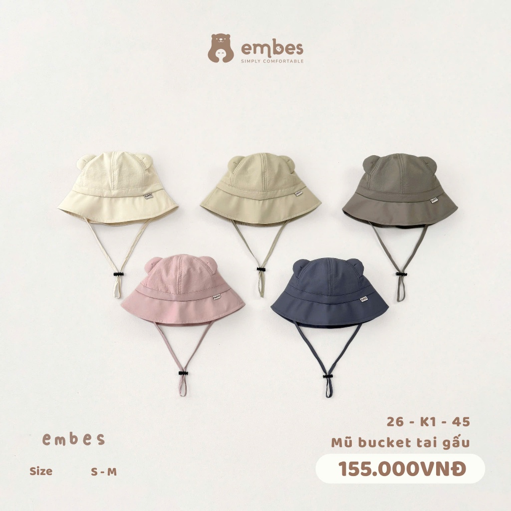 Mũ Cho Bé Embes, Mũ Bucket Tai Gấu Vành Mềm Chống Nắng Có Dây Điều Chỉnh  Cho Bé Từ 1- 6 Tuổi