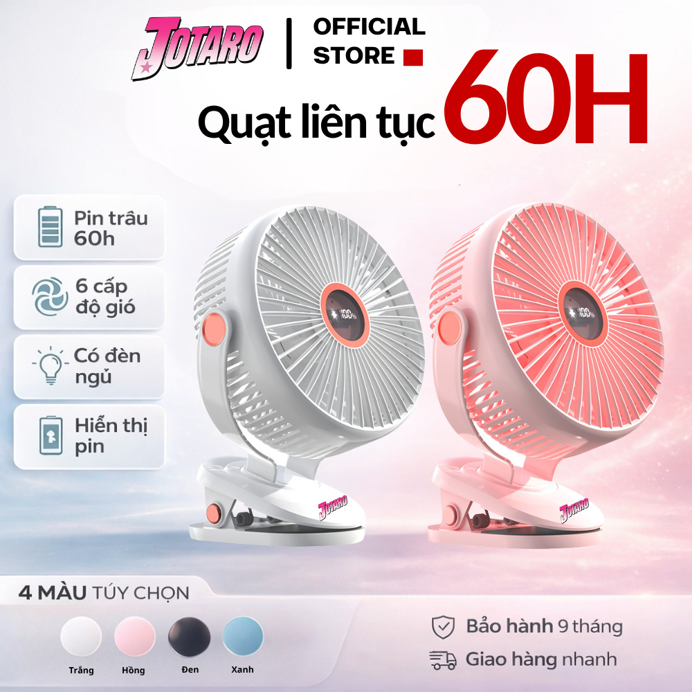 [QUẠT LIÊN TỤC 60 GIỜ] Quạt Tích Điện Kẹp Loại To JOTARO J28 Pin Trâu, 6 CẤP GIÓ, Đèn RGB, Màn hình 