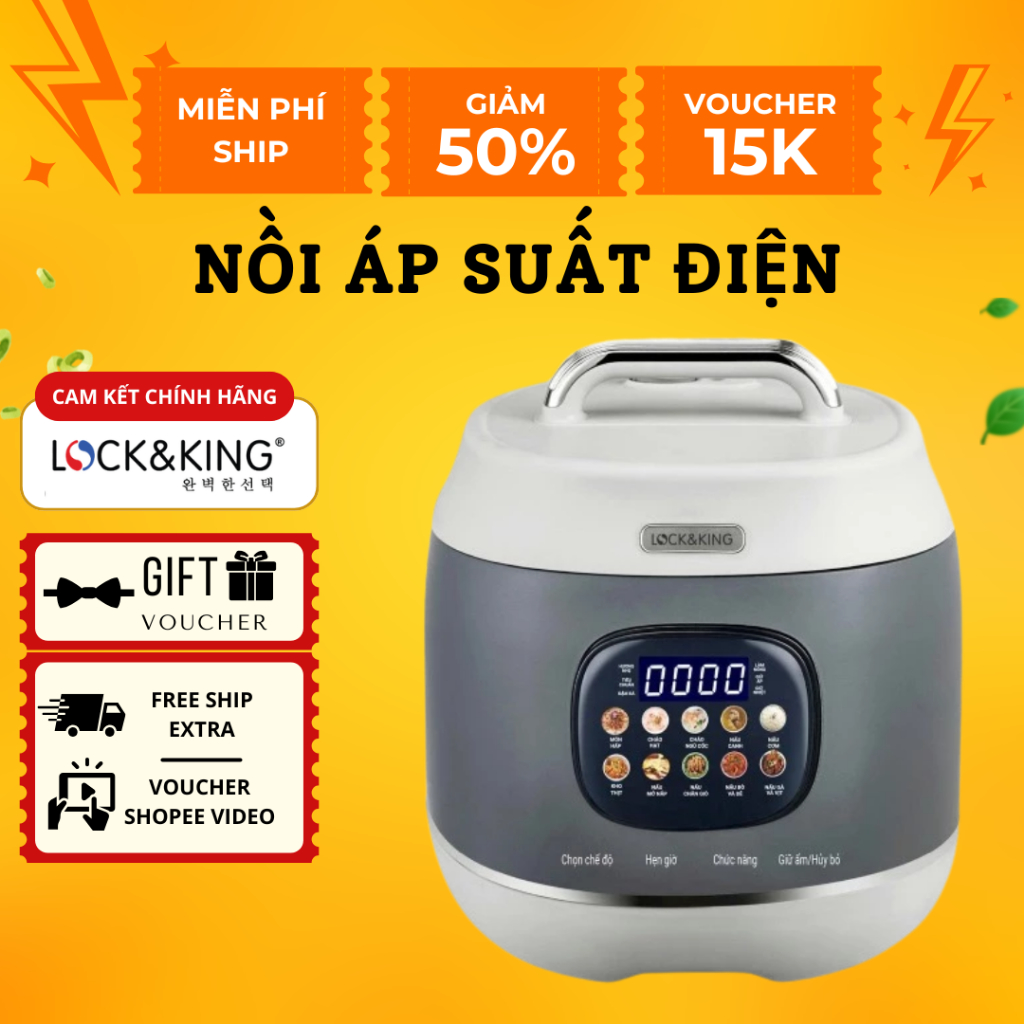 Nồi áp suất điện Lock&King LK-4160 dung tích 6L công suất 1000W 10 chức năng nấu, kèm xửng hấp inox