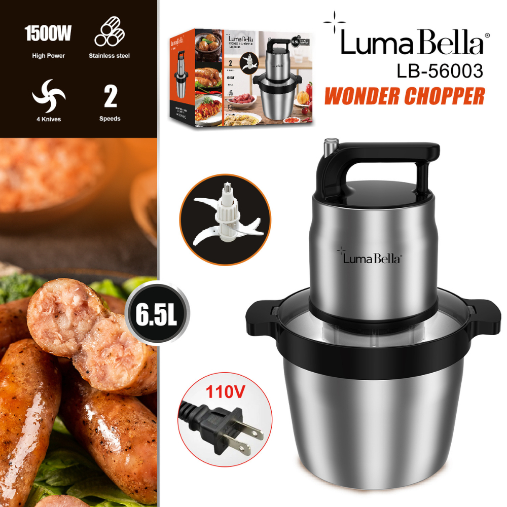 Máy xay thịt 6.5L đa năng công suất cao 1500W xay nhuyễn thịt, rau củ nhanh chóng, Lumabella LB-56003 lưỡi dao sắc bén