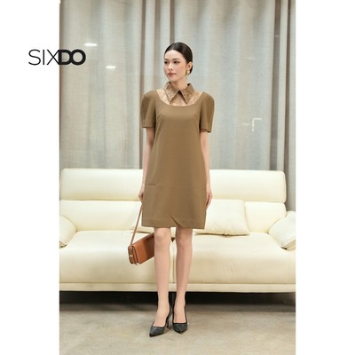 Đầm suông nâu gỗ phối cổ ren ngắn tay SIXDO (Teak Woven Loose Dress)