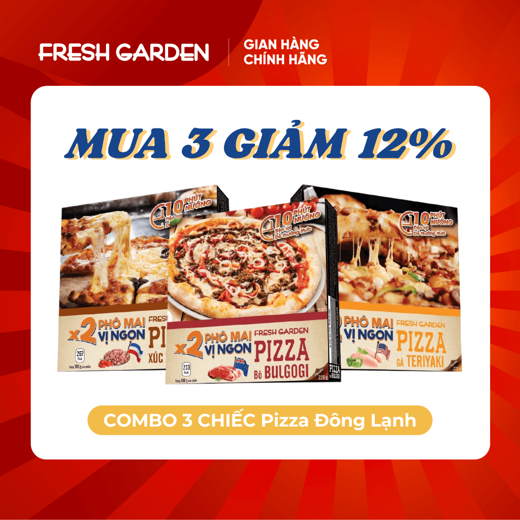 Combo 3 chiếc Pizza Đông Lạnh Fresh Garden, pizza đông lạnh, phô mai thơm ngậy, 120g, 220g