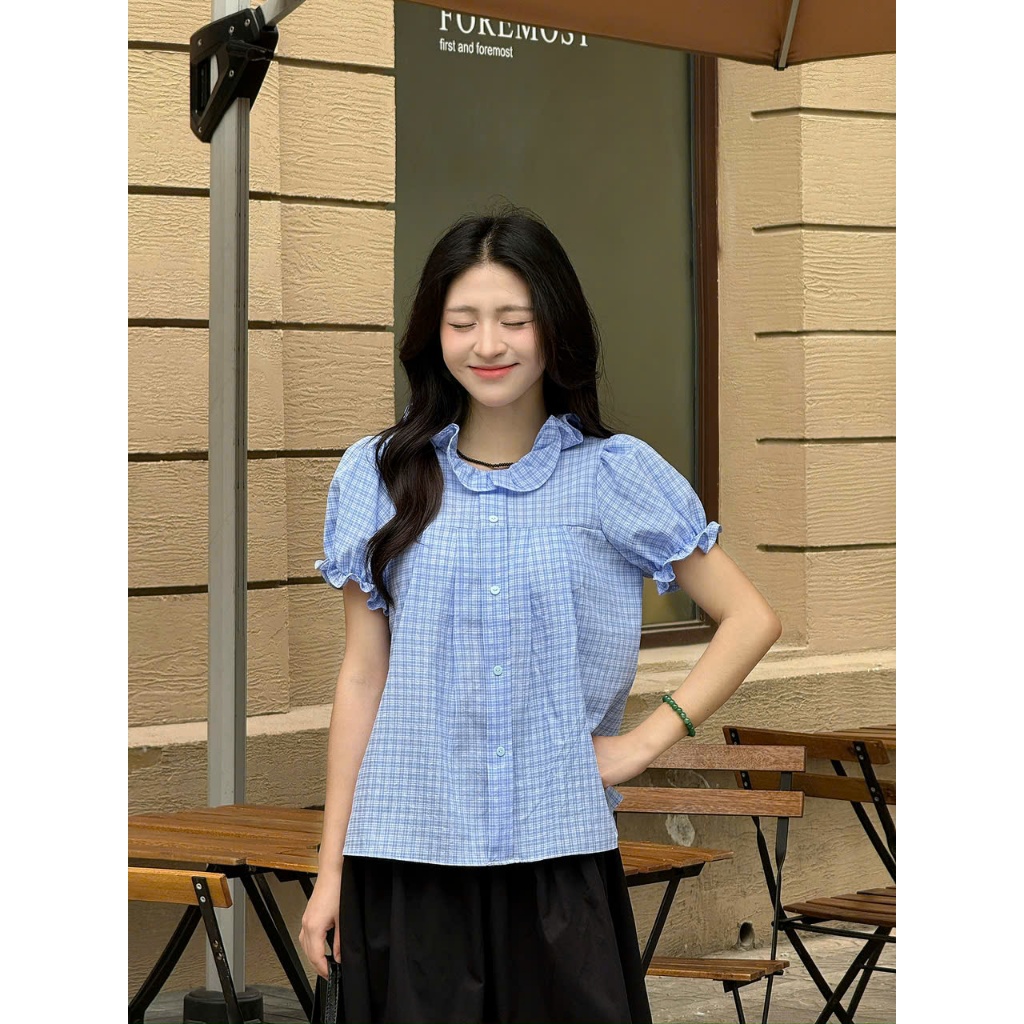 Áo babydoll kẻ caro cổ bèo tay bồng, áo kiểu nữ babydoll kẻ caro dành cho mùa hè – A597 - 29feb.closet | BigBuy360 - bigbuy360.vn