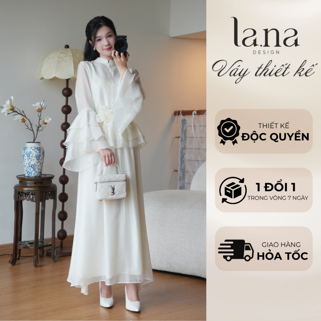Set váy thiết kế LANA DESIGN Lam Anh màu be chất liệu tằm óng mịn có kèm dây đai hoa - SV379
