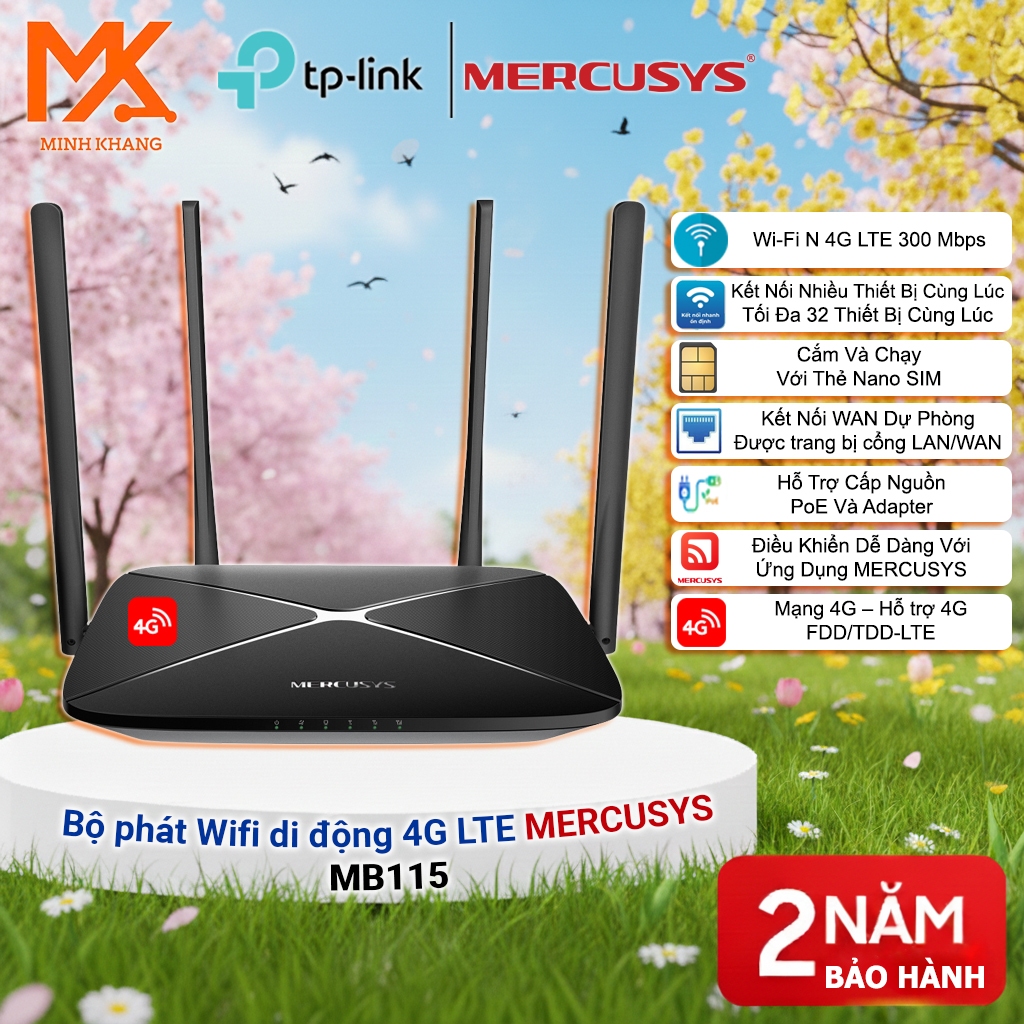 Router 4G LTE Mercusys MB115-4G WiFi N 300Mbps – Phát WiFi Từ SIM, Dễ Dùng