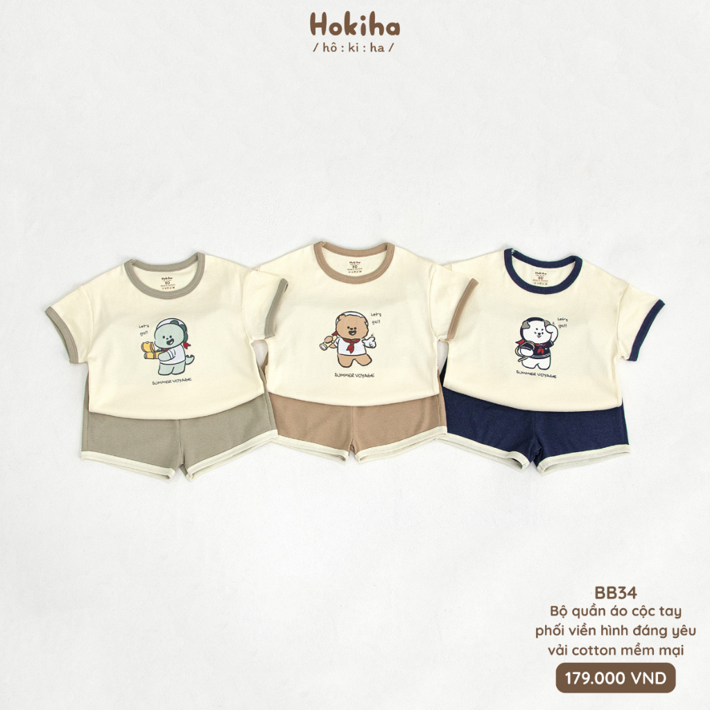 Bộ quần áo cộc tay phối viền hình gấu đáng yêu cho bé Hokiha vải cotton mềm mại, thoáng mát size 8-1