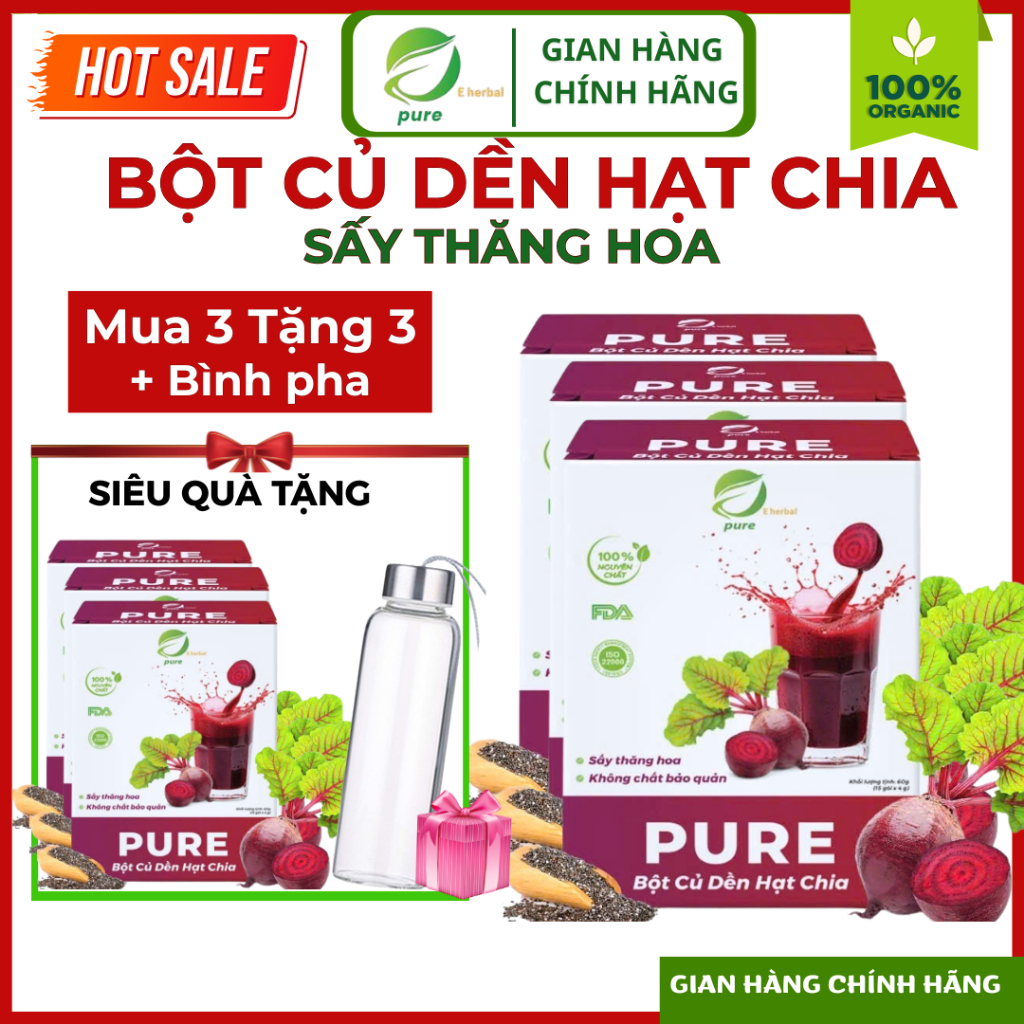 [CHÍNH HÃNG - SALE MUA 3 TẶNG 3] Bột Củ Dền Hạt Chia PURE Eherbal Sấy Thăng Hoa Nguyên Chất 100%