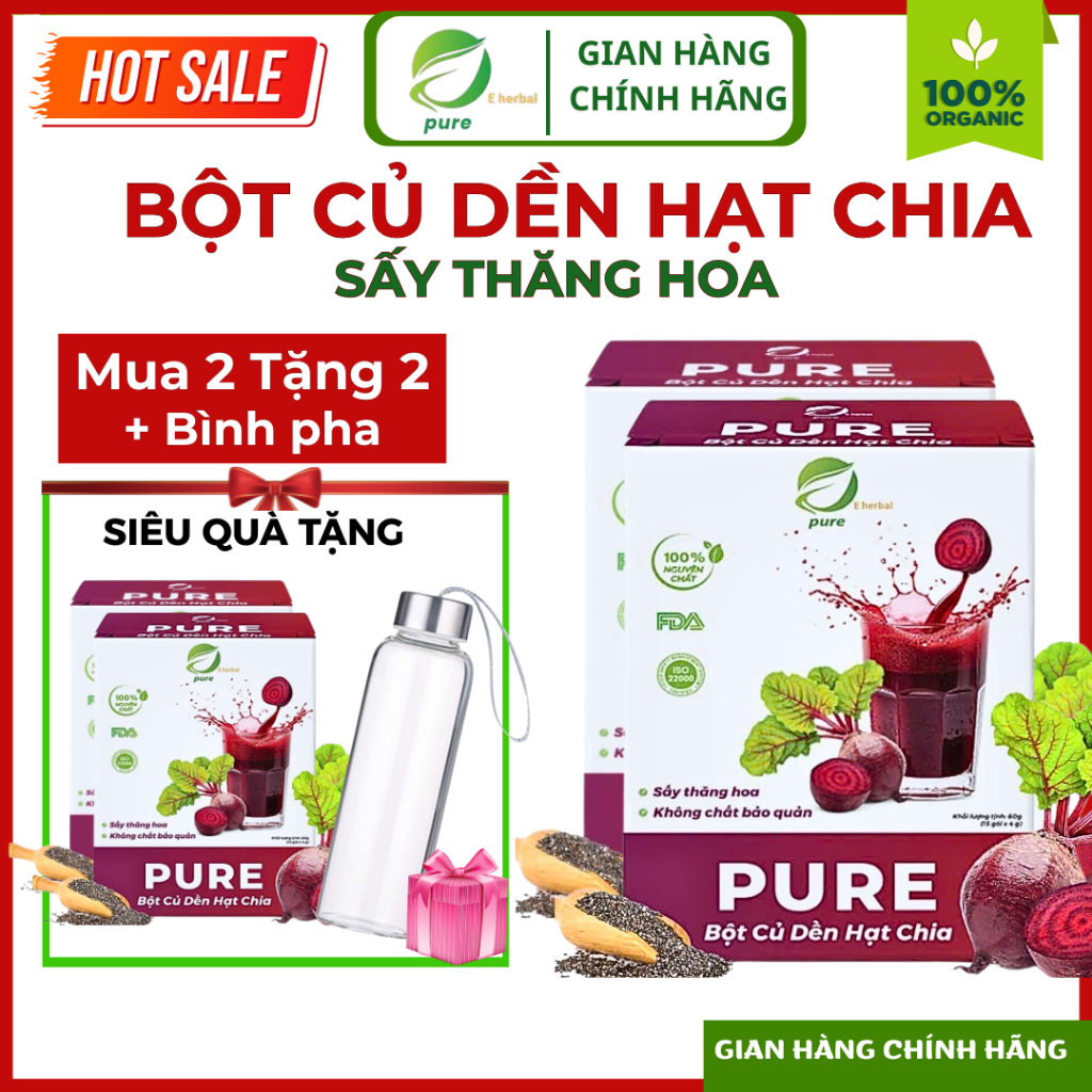 [CHÍNH HÃNG- MUA 2 TẶNG 2] Bột Củ Dền Hạt Chia PURE Eherbal Sấy Thăng Hoa Nguyên Chất