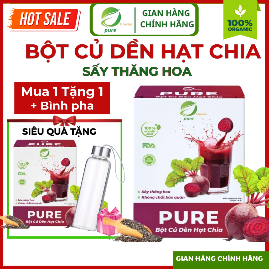 [CHÍNH HÃNG- SALE MUA 1 TẶNG 1] Bột Củ Dền Hạt Chia PURE Eherbal Sấy Thăng Hoa Nguyên Chất 100%