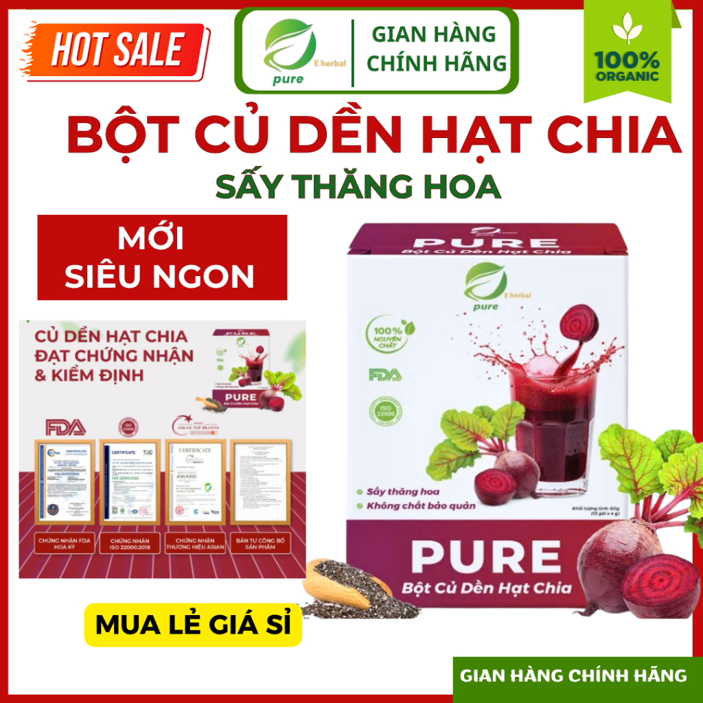 [CHÍNH HÃNG- TẶNG BÌNH PHA] Bột Củ Dền Hạt Chia PURE Eherbal Sấy Thăng Hoa Nguyên Chất 100% - Hộp 15