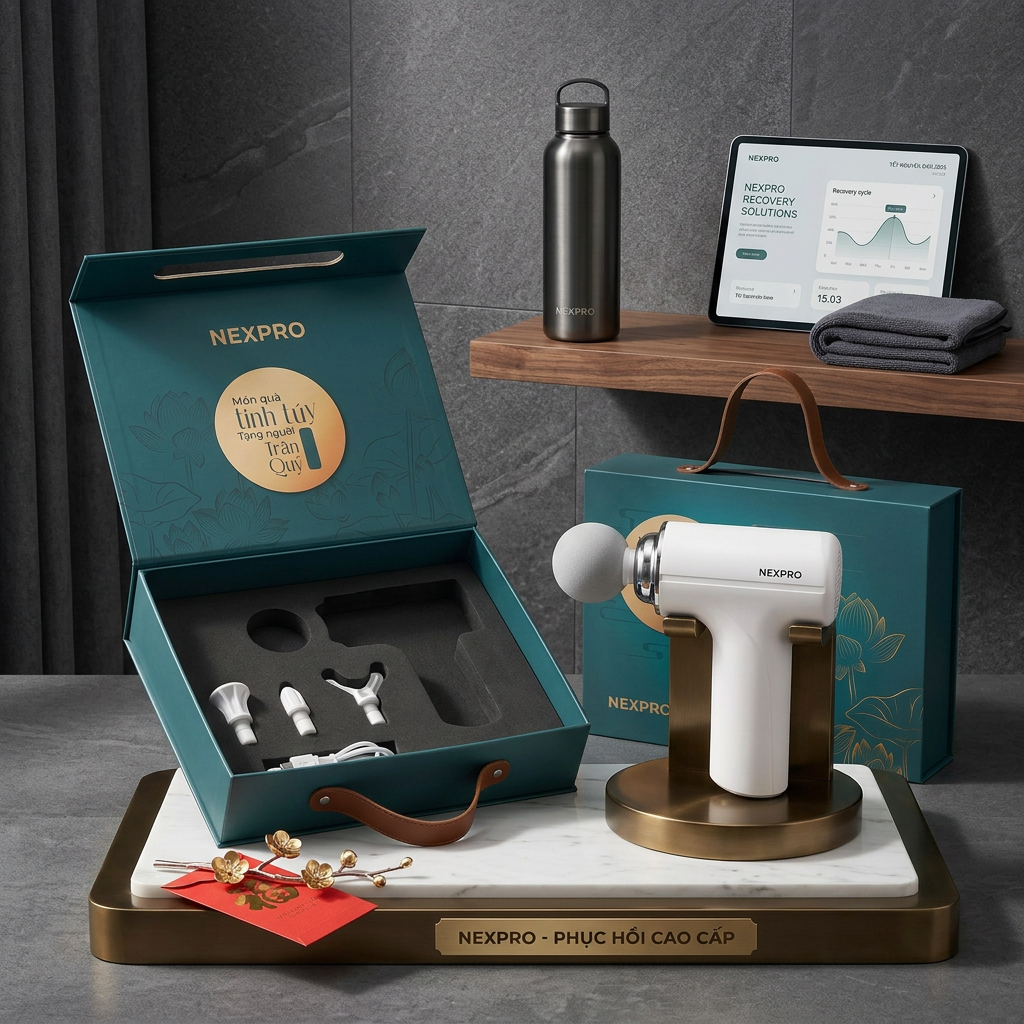 [ Set quà tặng ] Máy massage cầm tay cảm biến AI , súng massage NEXPRO toàn thân 4 đầu thay thế 6 cấ