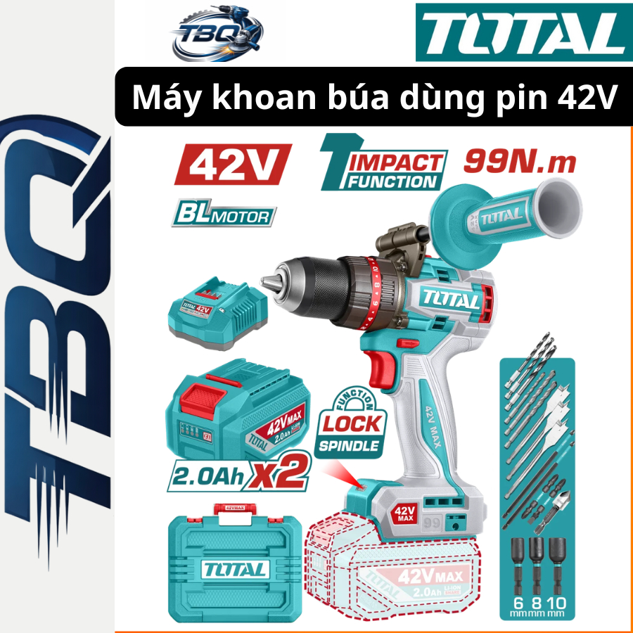 Máy Khoan Búa Không Chổi Than Pin 42V TOTAL TIDLI429982 - Lực Siết Khủng 99Nm Đầu Kẹp 13mm