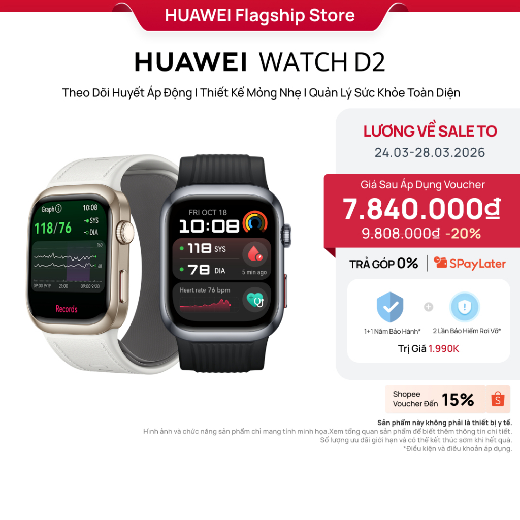 Đồng Hồ Thông Minh HUAWEI WATCH D2 | Theo Dõi Huyết Áp Động| Thiết Kế Mỏng Nhẹ | Quản Lý Sức Khỏe To