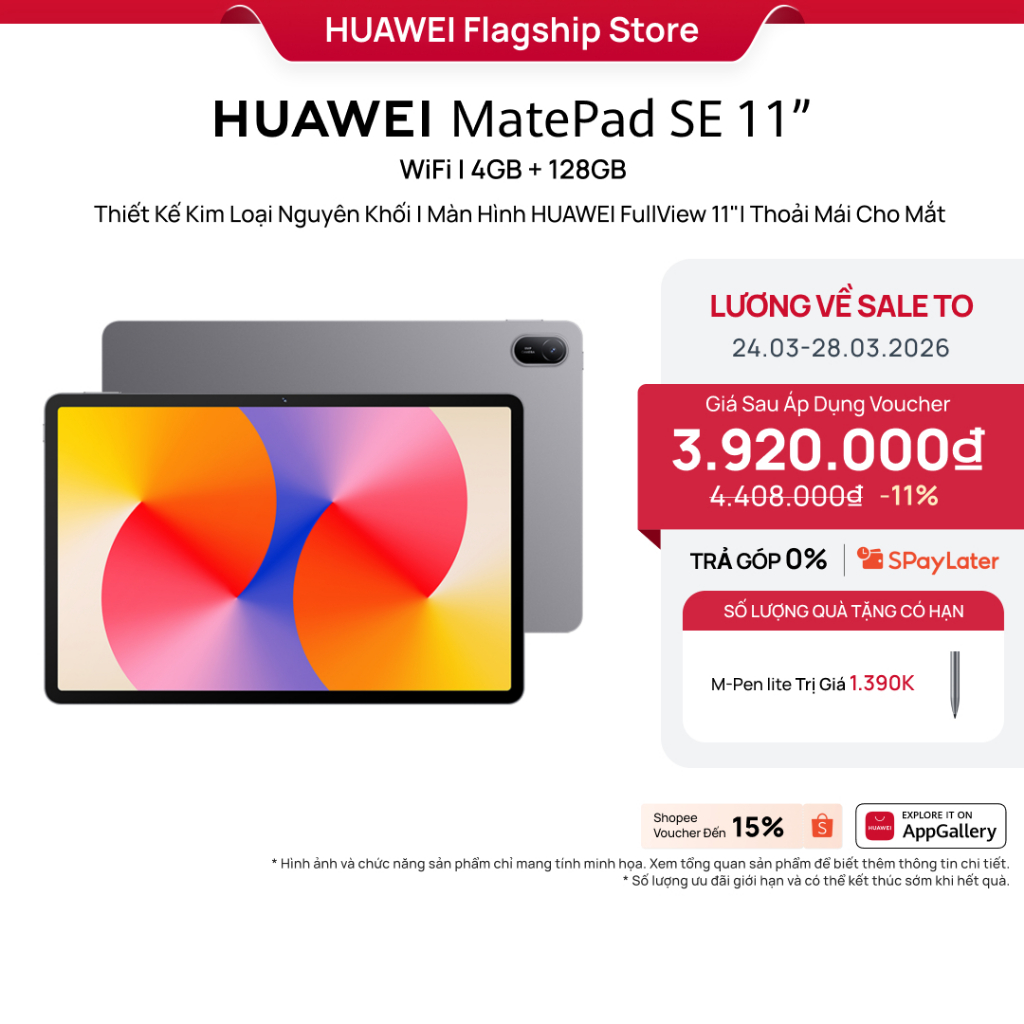 Máy tính bảng HUAWEI MatePad SE 11”| Thiết Kế Kim Loại Nguyên Khối||Màn Hình HUAWEI FullView 11" Thoải Mái Cho Mắt