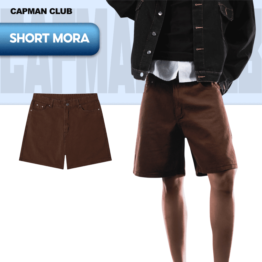 Quần short nam jean MORA màu nâu socola CAPMAN CLUB, phom rộng trên gối trẻ trung, thoải mái