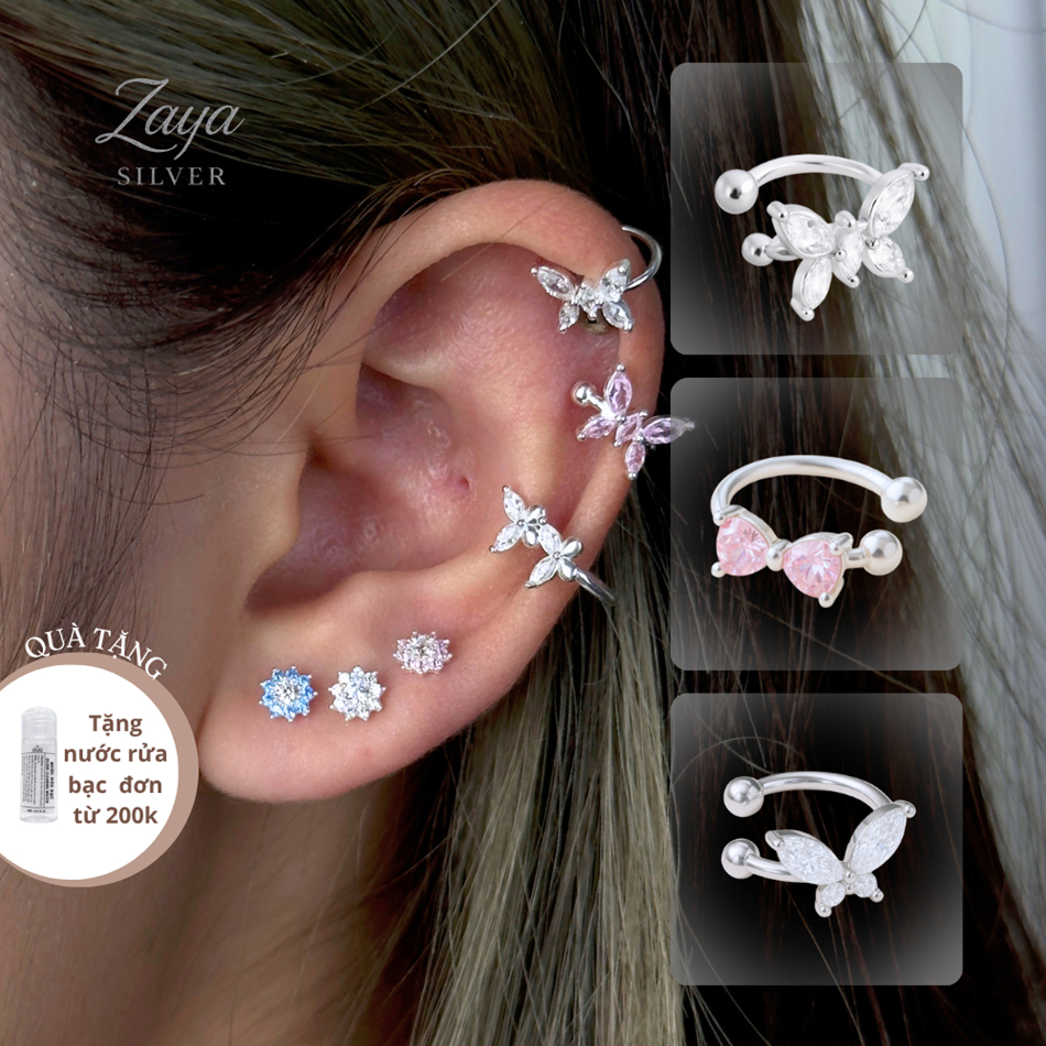 Khuyên tai kẹp bạc S925 hồ điệp, nơ, bướm lấp lánh đính đá Cz cao cấp ZAYA SILVER, Không cần xỏ lỗ [BH trọn đời]