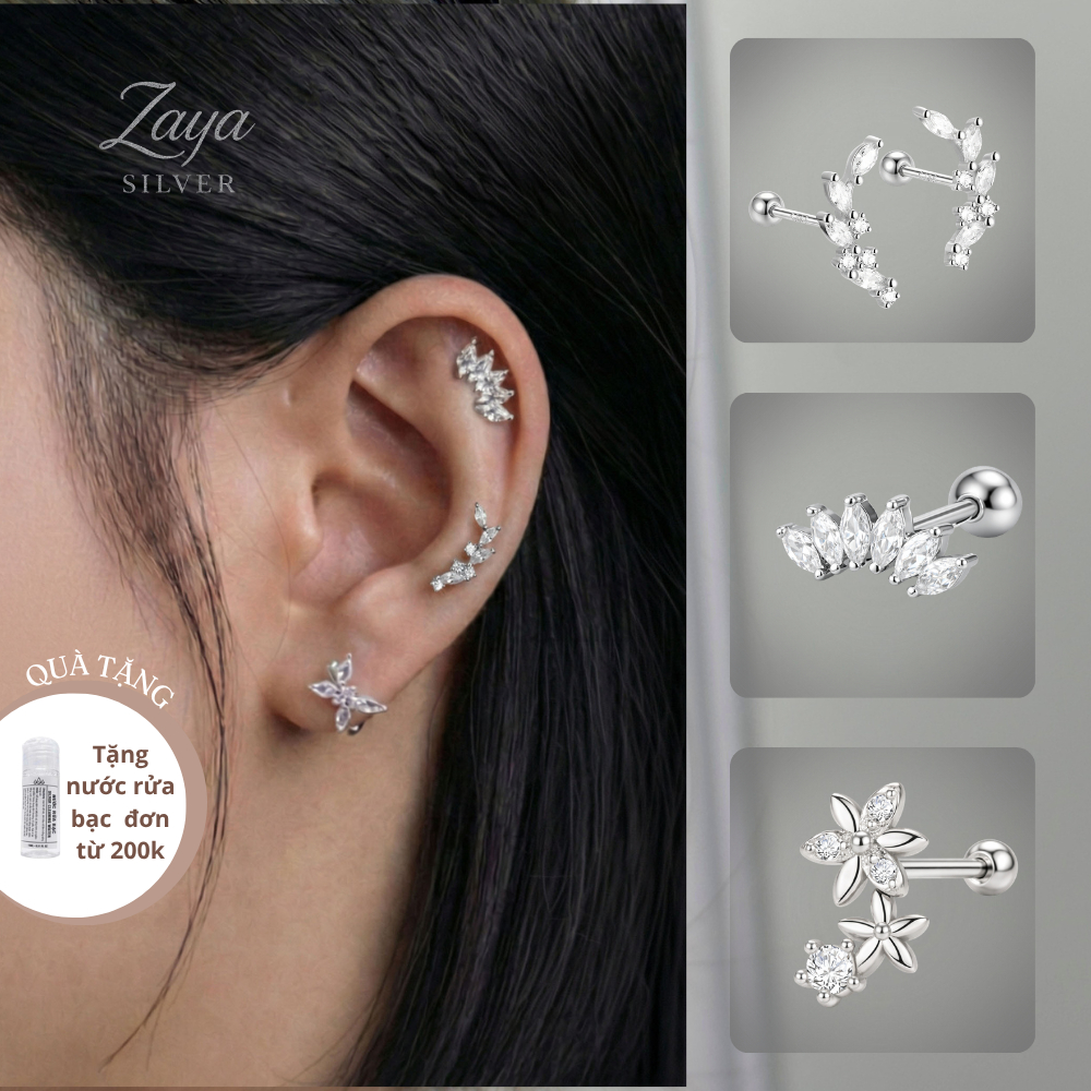 Khuyên Tai Bạc S925 Hoa Lá Đính Đá CZ Lấp Lánh – Bông Tai Chốt Bi Nhỏ Xinh Không Kích Ứng ZAYA SILVER [BH Trọn Đời]