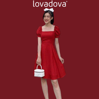 Đầm chữ A màu trắng / đỏ cổ thủy thủ vải linen Lovadova FD0405