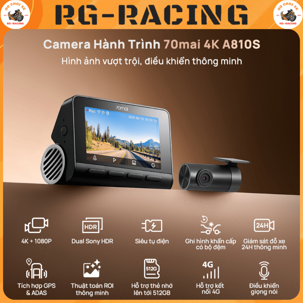 Cam Hành Trình Ô Tô 70mai A810S Ghi Hình 4K HDR Hình Ảnh Vượt Trội Kết Nối 4G Hỗ Trợ Giám Sát Từ Xa