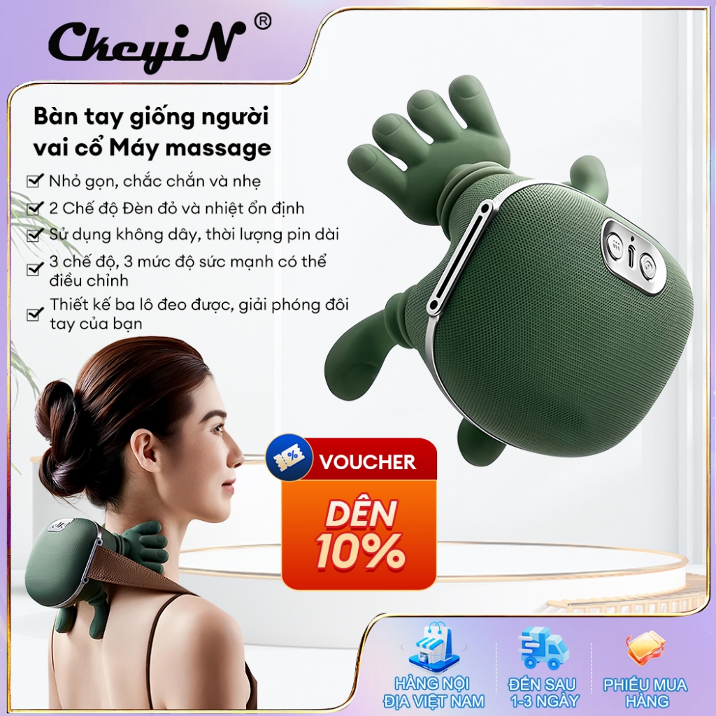 CkeyiN Máy massage cổ vai gáy siêu nhẹ chỉ 0,76 kg nhỏ bằng bàn tay mô phỏng bàn tay thực GH023L