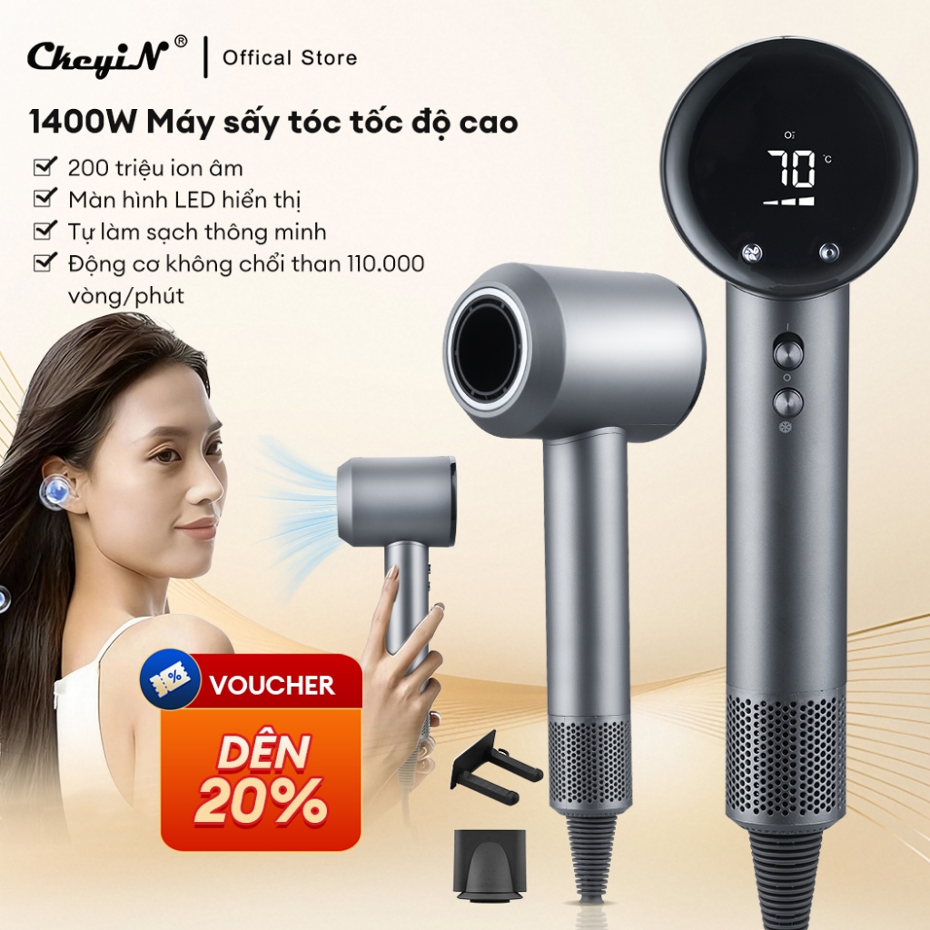 CkeyiN Máy sấy tóc tốc độ cao Máy thổi ion âm kiểm soát nhiệt thông minh 110.000 vòng/phút Màn hình LED HA021G