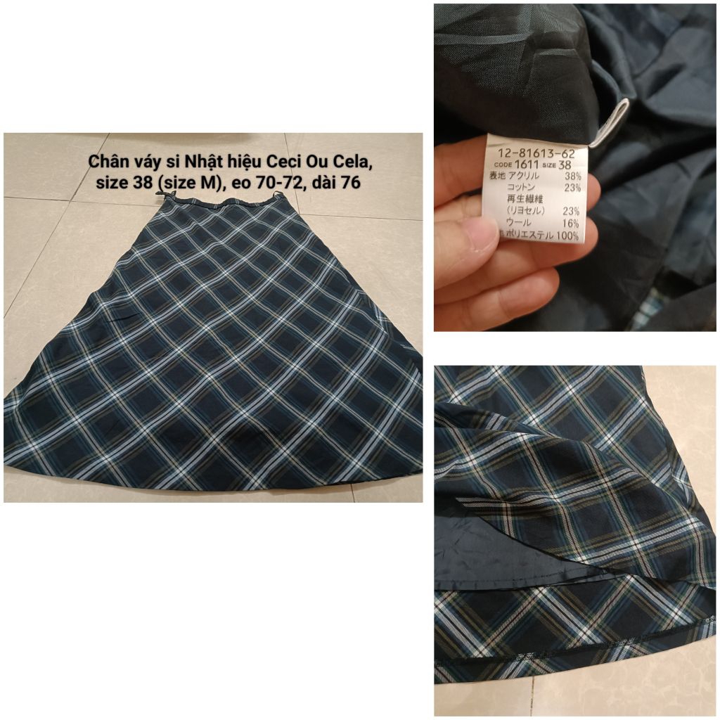 CV73#Chân váy caro dáng xòe Nhật Bản Ceci Ou Cela size M eo 70-72 dài 76 váy vintage có lót xịn