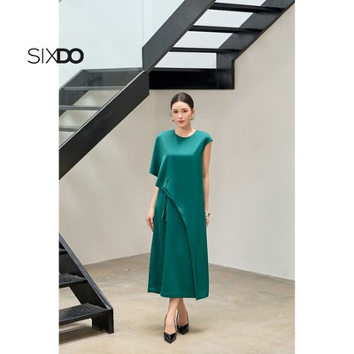 Đầm lụa suông xanh lá đậm phối vạt SIXDO (Dark Green Silk Loose Dress)