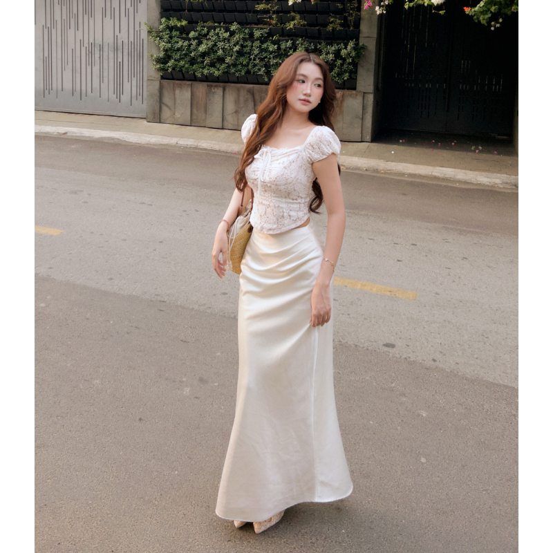 Chân Váy Dài Lụa Nhũ Dáng Suông Nhún Eo La Boutique V024 | BigBuy360 - bigbuy360.vn