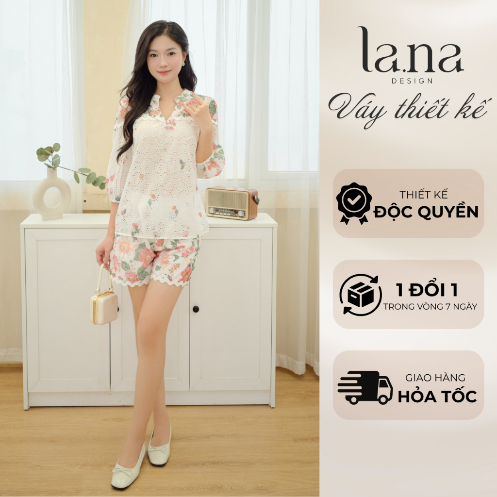 Set áo quần XUÂN THẢO thiết kế LANA DESIGN chất thô đục lỗ in hoa, đồ nữ đi biển, dạo phố - SQ223