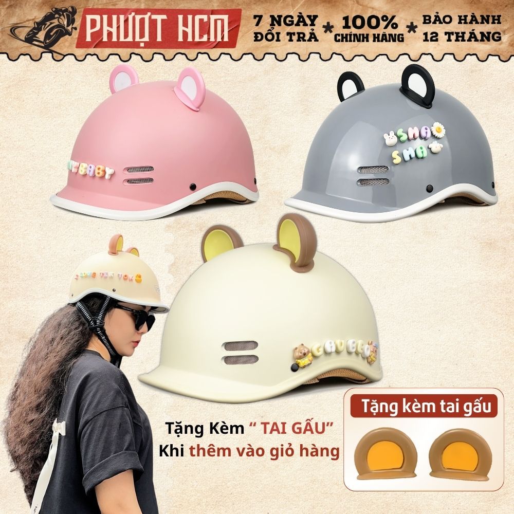 [Nón Bảo Hiểm đạt chuẩn] Nón Bảo Hiểm Cá Heo nam nữ cao cấp, Kèm tai gấu và charm tên gắn mũ cute