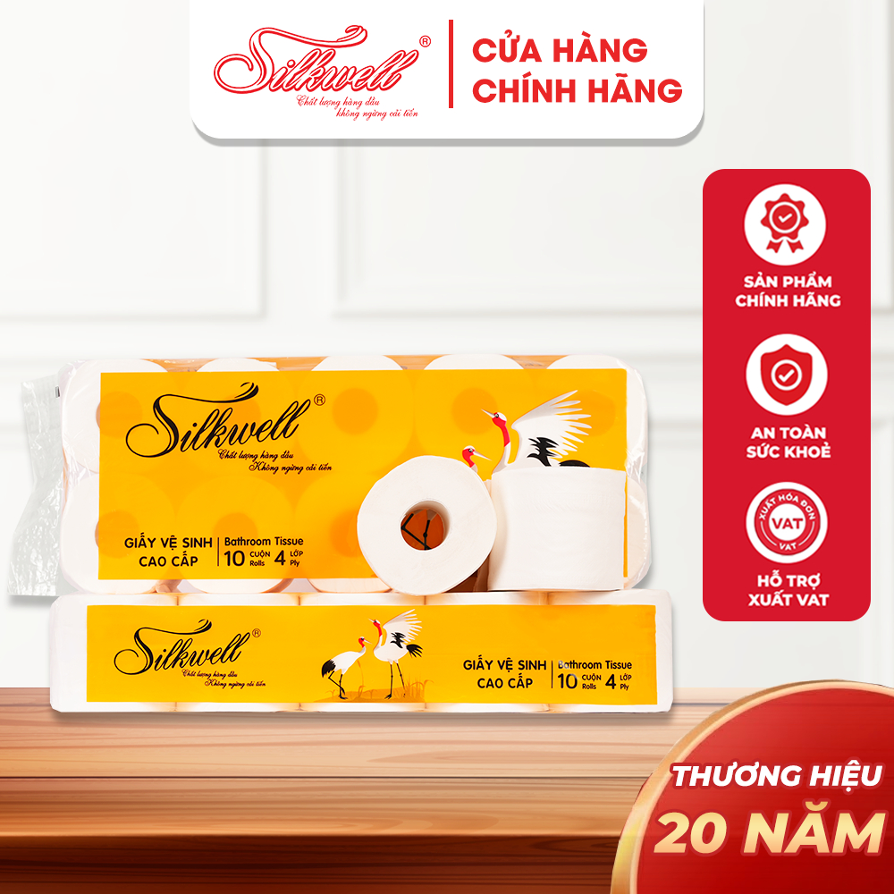Giấy vệ sinh Silkwell Sếu 10 cuộn 4 lớp có lõi hàng Cao cấp,siêu mềm mịn không tẩy trắng chính hãng
