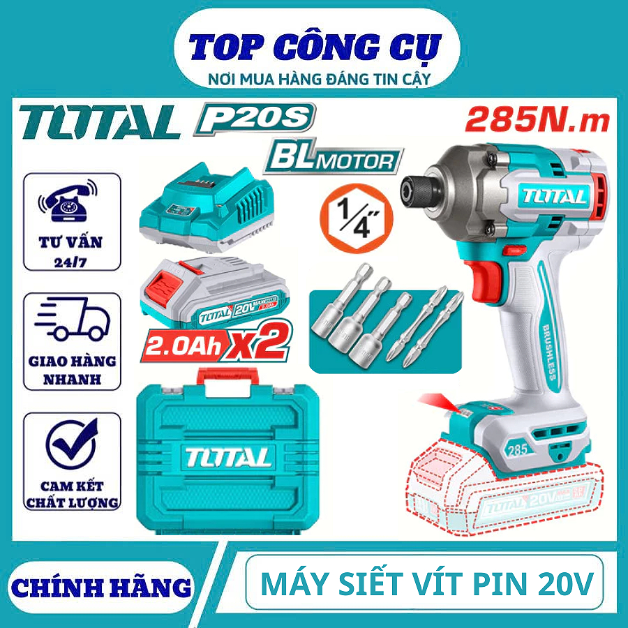TOTAL Máy siết vít không chổi than dùng pin 20V | Mô-men xoắn cực đại 285Nm TIRLI2028