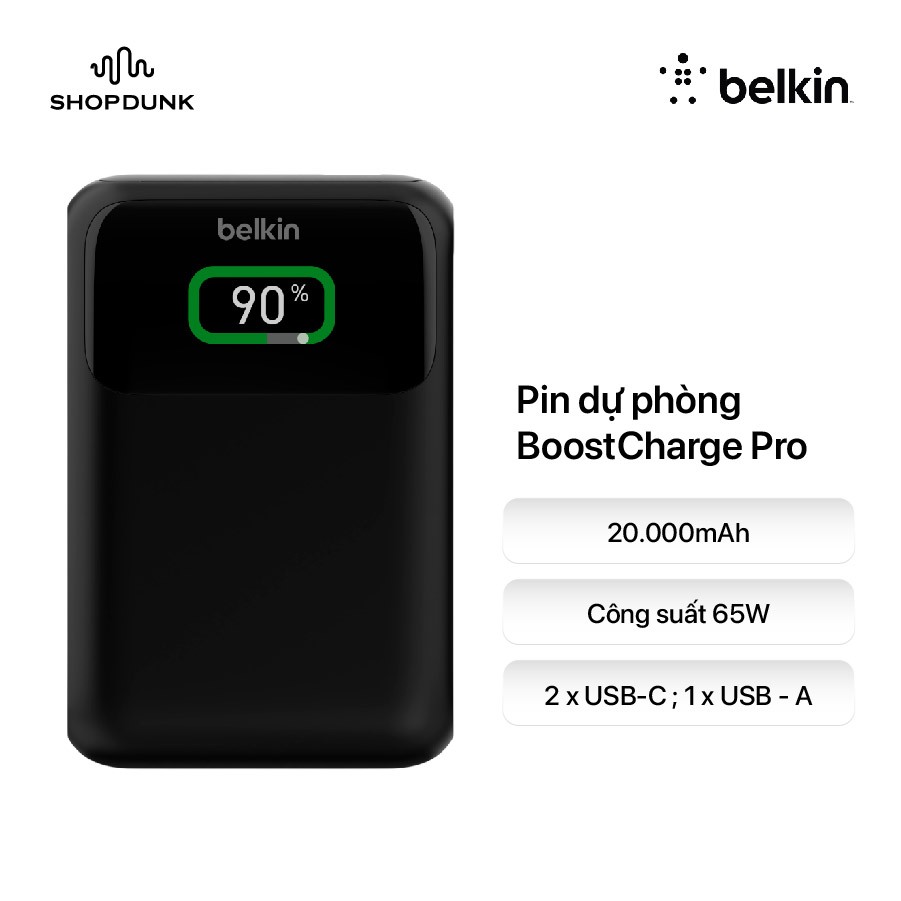 Pin Sạc Dự Phòng Belkin BoostCharge Pro 20.000mAh 65W PD 3 Cổng – Sạc Nhanh – Màu Đen