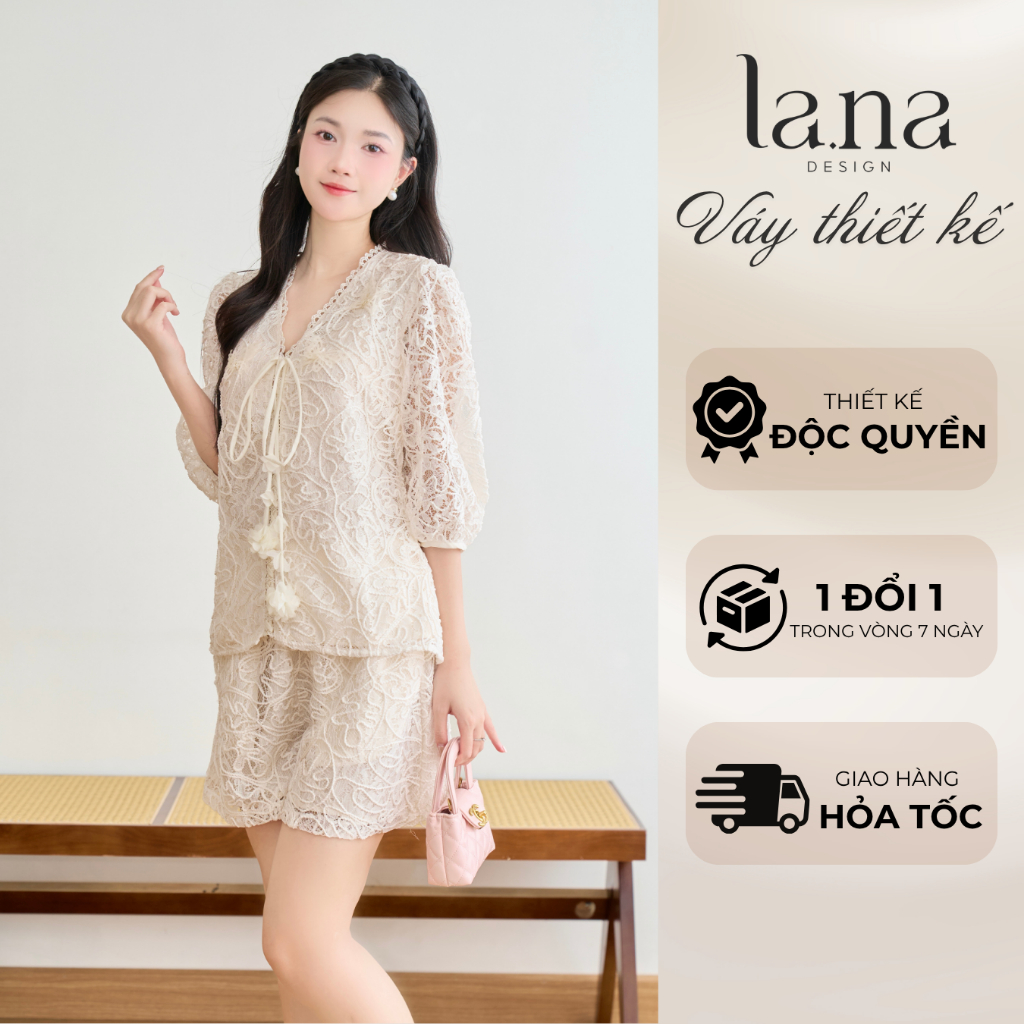 Set quần áo YÊN ĐÀM thiết kế LANA DESIGN chất ren họa tiết, bộ đồ nữ tính phù hợp du lịch dạo phố - 