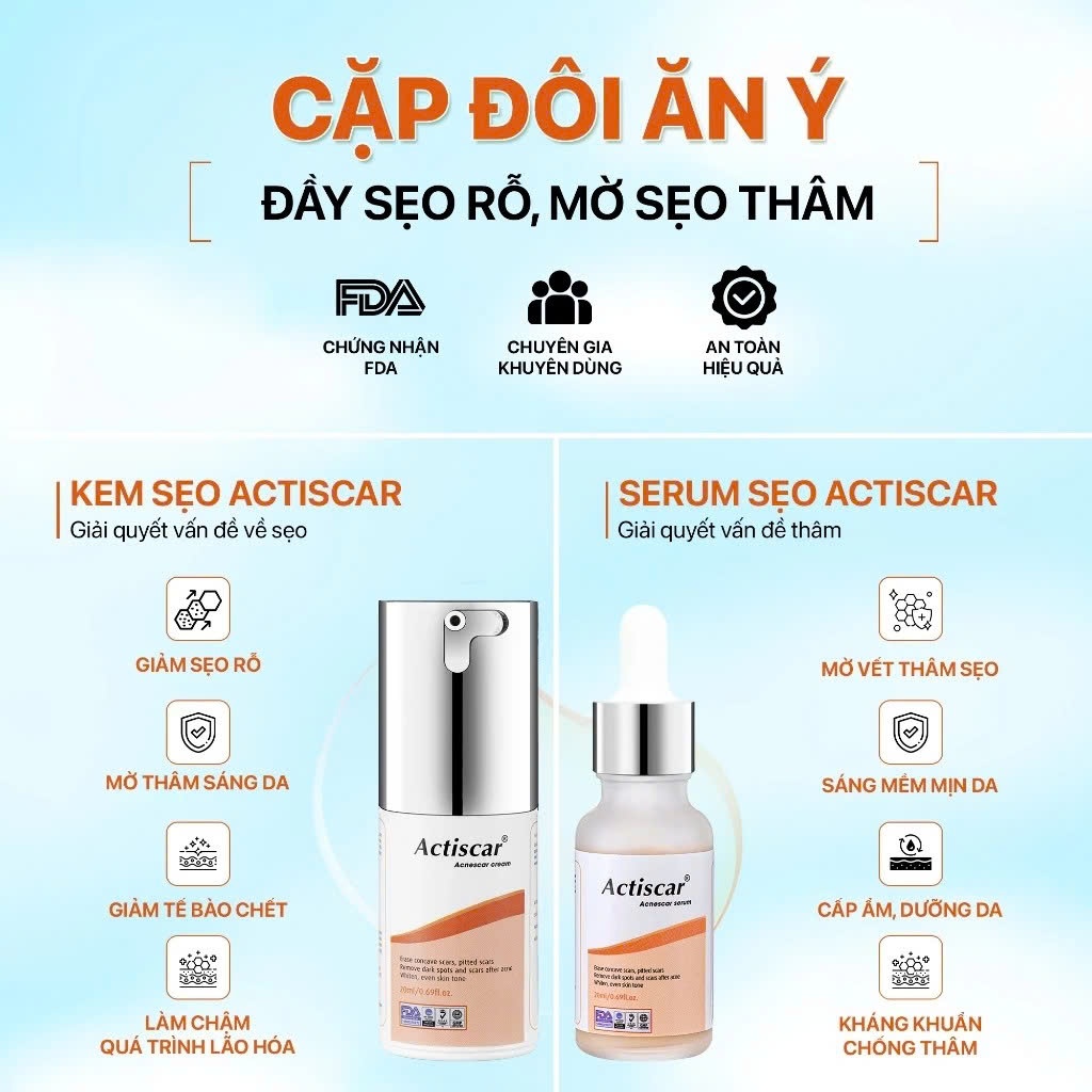 Bộ Kem & Serum Hỗ trợ Mờ Sẹo Lõm Actiscar Mờ Sẹo Rỗ, Sẹo Thâm Mụn Lâu Năm