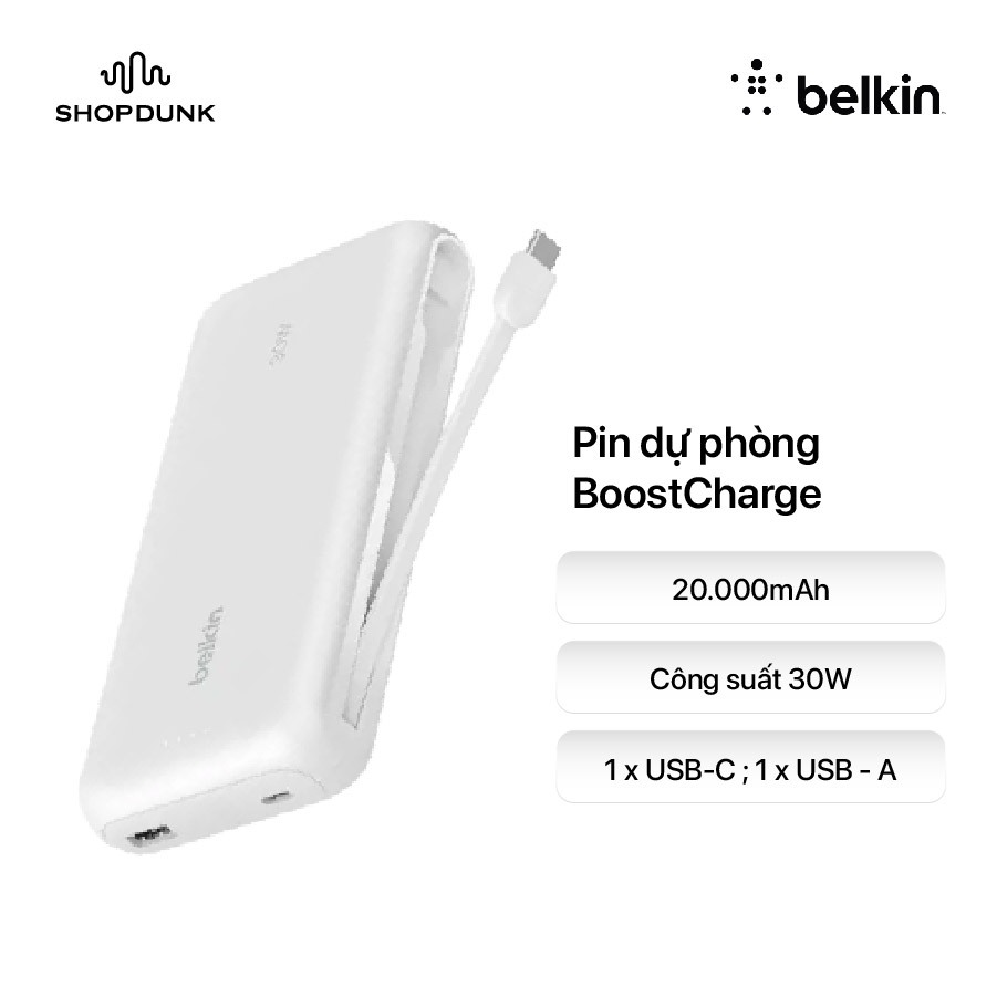 Pin Sạc Dự Phòng Belkin BOOSTCHARGE 20.000mAh – Sạc Nhanh 30W PD – màu trắng