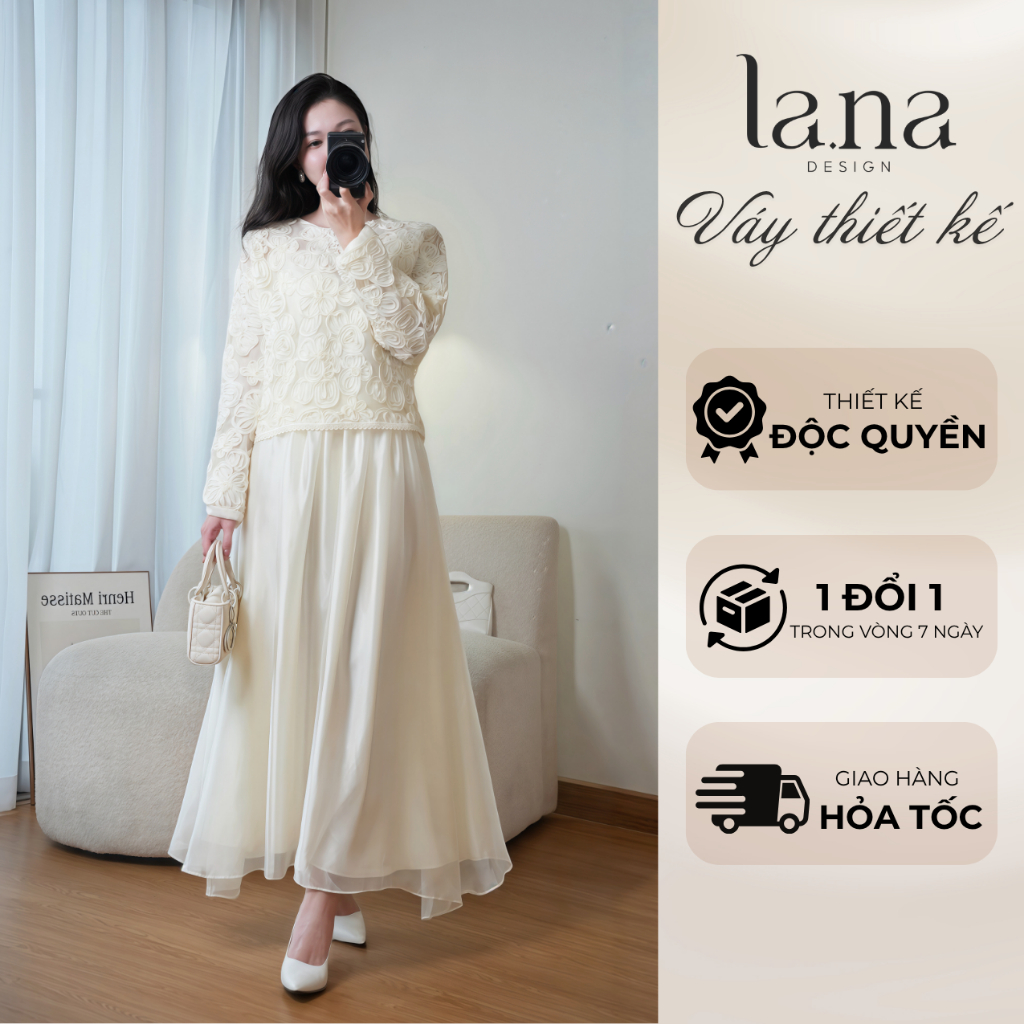Set váy nữ LANA DESIGN An Sa  chất ren hoa nổi phối tằm óng mềm mịn thanh thoát nổi bật - SV407
